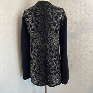 JM COLLECTION Faux Leather Trim Sweater Animal Print Abstract Open Front SZ L